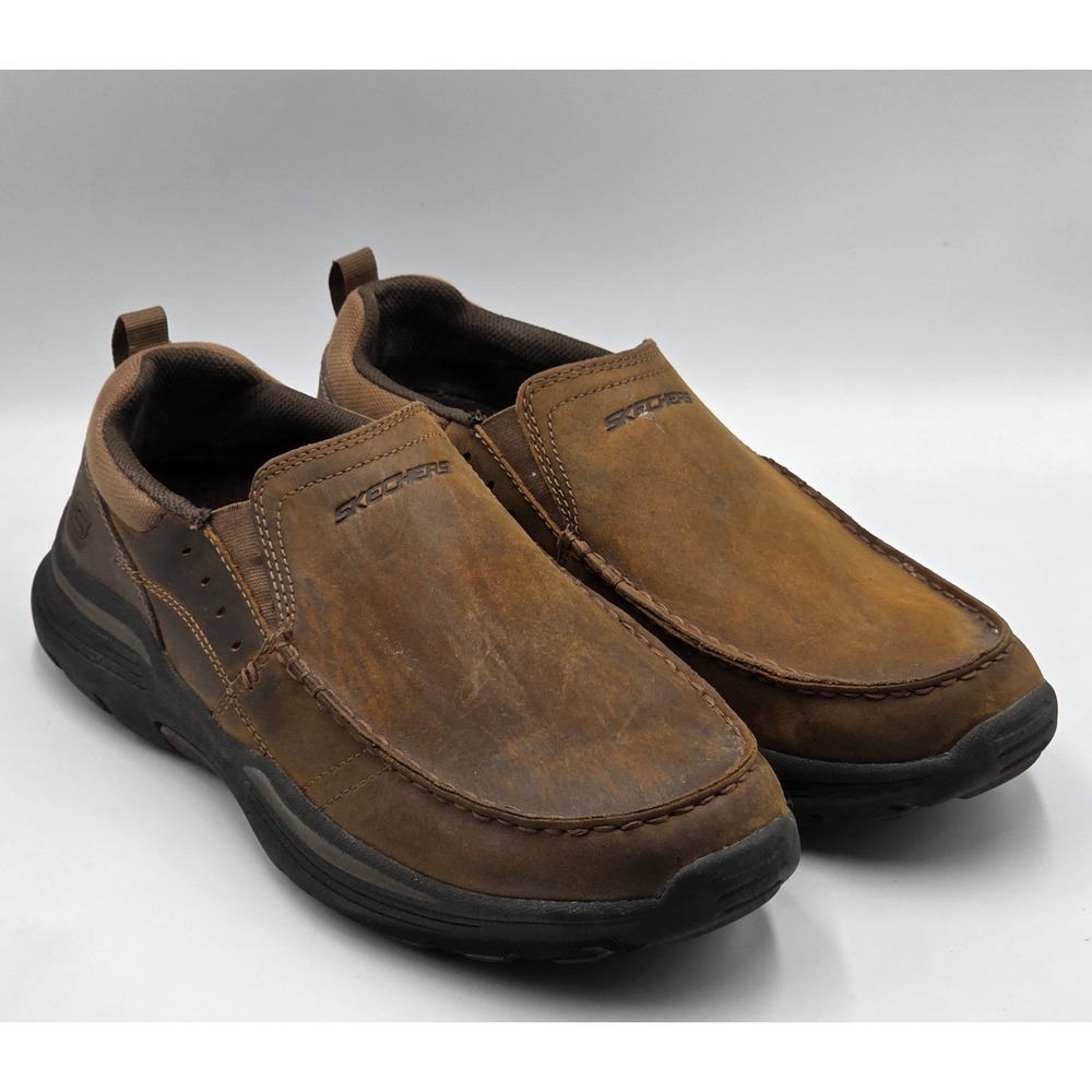Skechers Relaxed Fit Expended Seveno Brown Leather Slip On Loafers Men's 10